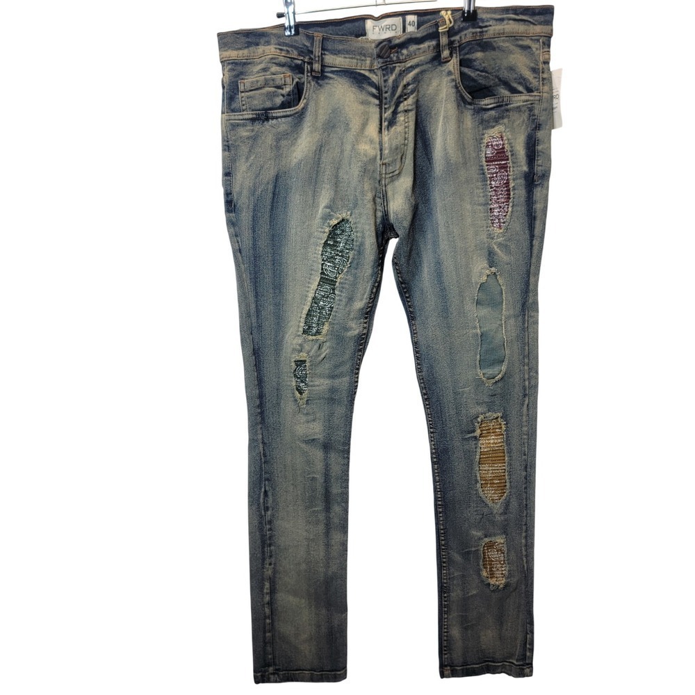 FWRD Mens Denim Jeans 40x34 Distressed Patchwork Streetwear‎ Patches Destroyed